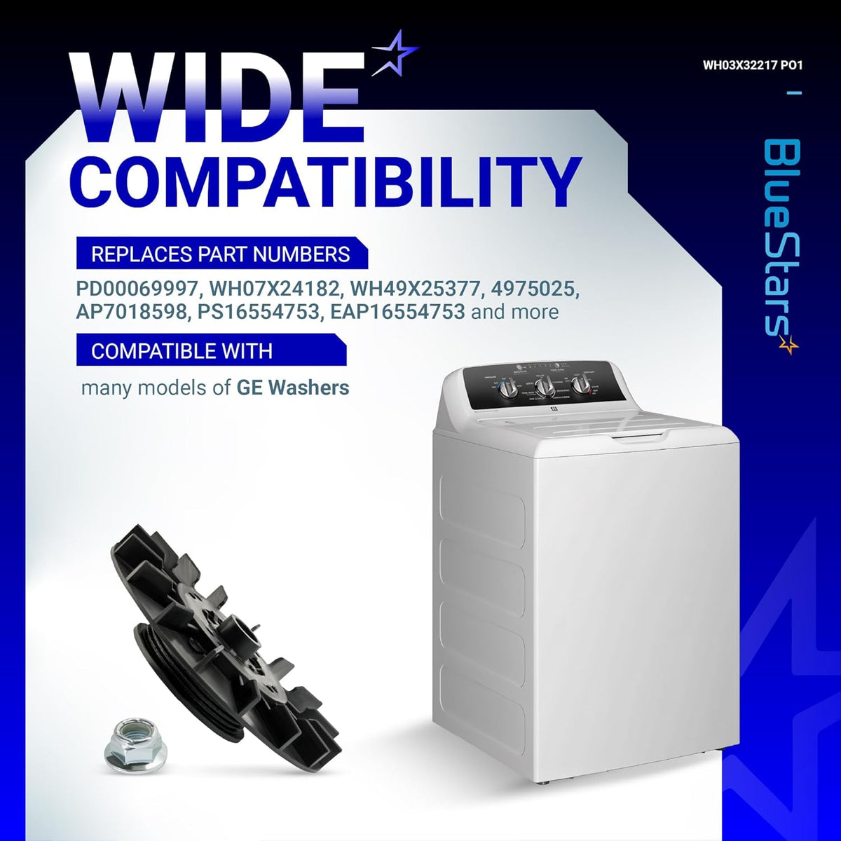 WH03X32217 washer motor pulley and nut set with compatibility information for GE washing machines.