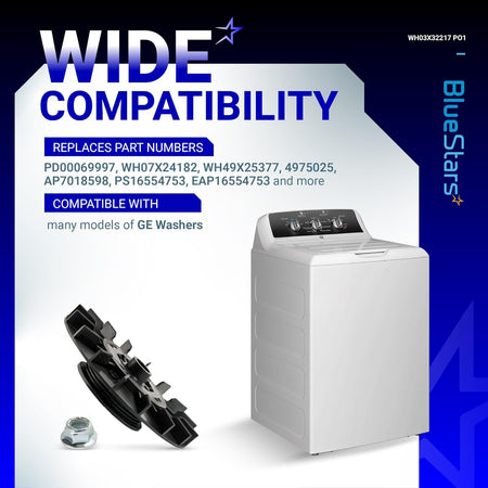 WH03X32217 washer motor pulley and nut set with compatibility information for GE washing machines.