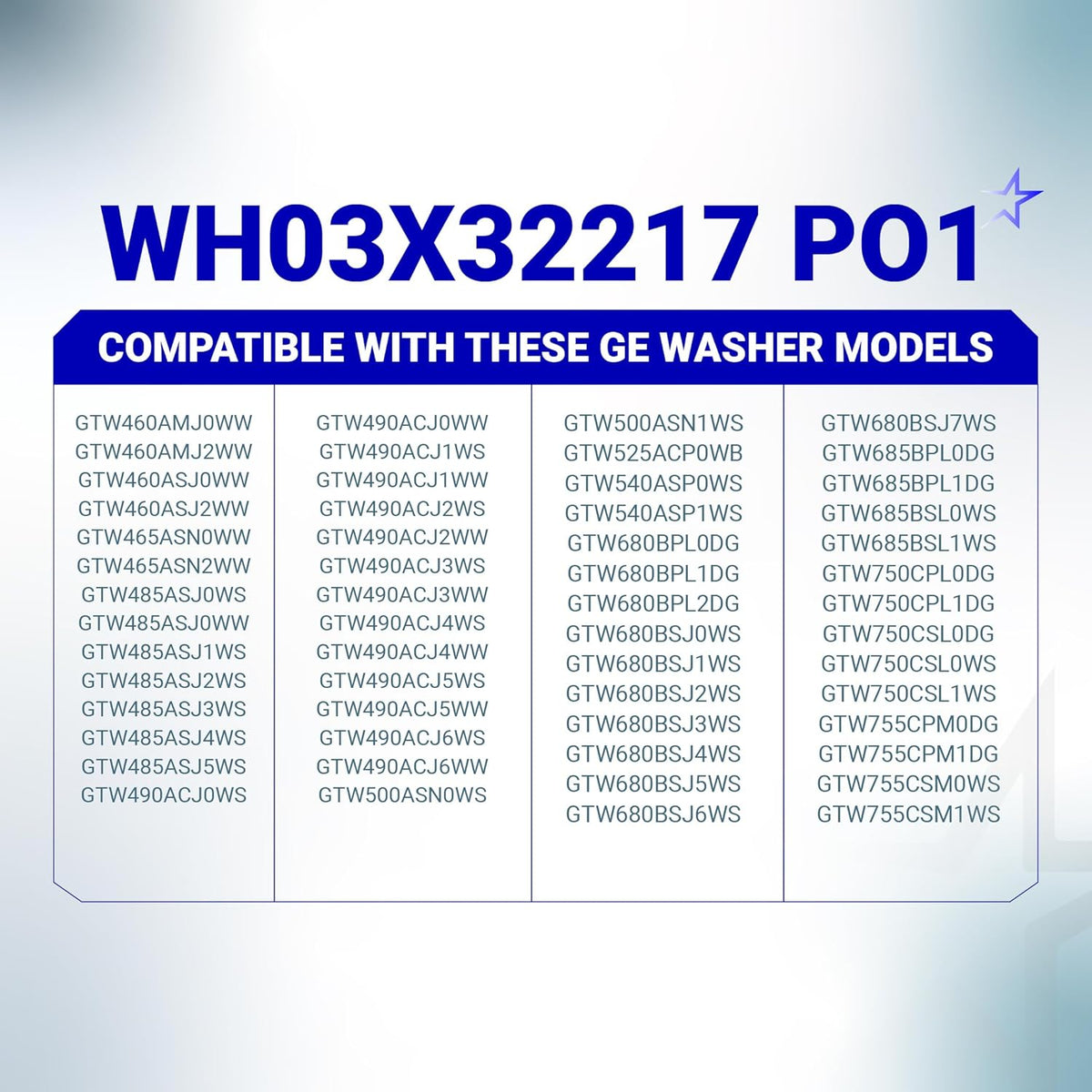 Compatibility chart for WH03X32217 washer motor pulley listing compatible GE washer model numbers.
