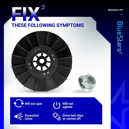 WH03X32217 washer motor pulley and nut set for GE washing machines with symptom troubleshooting guide.