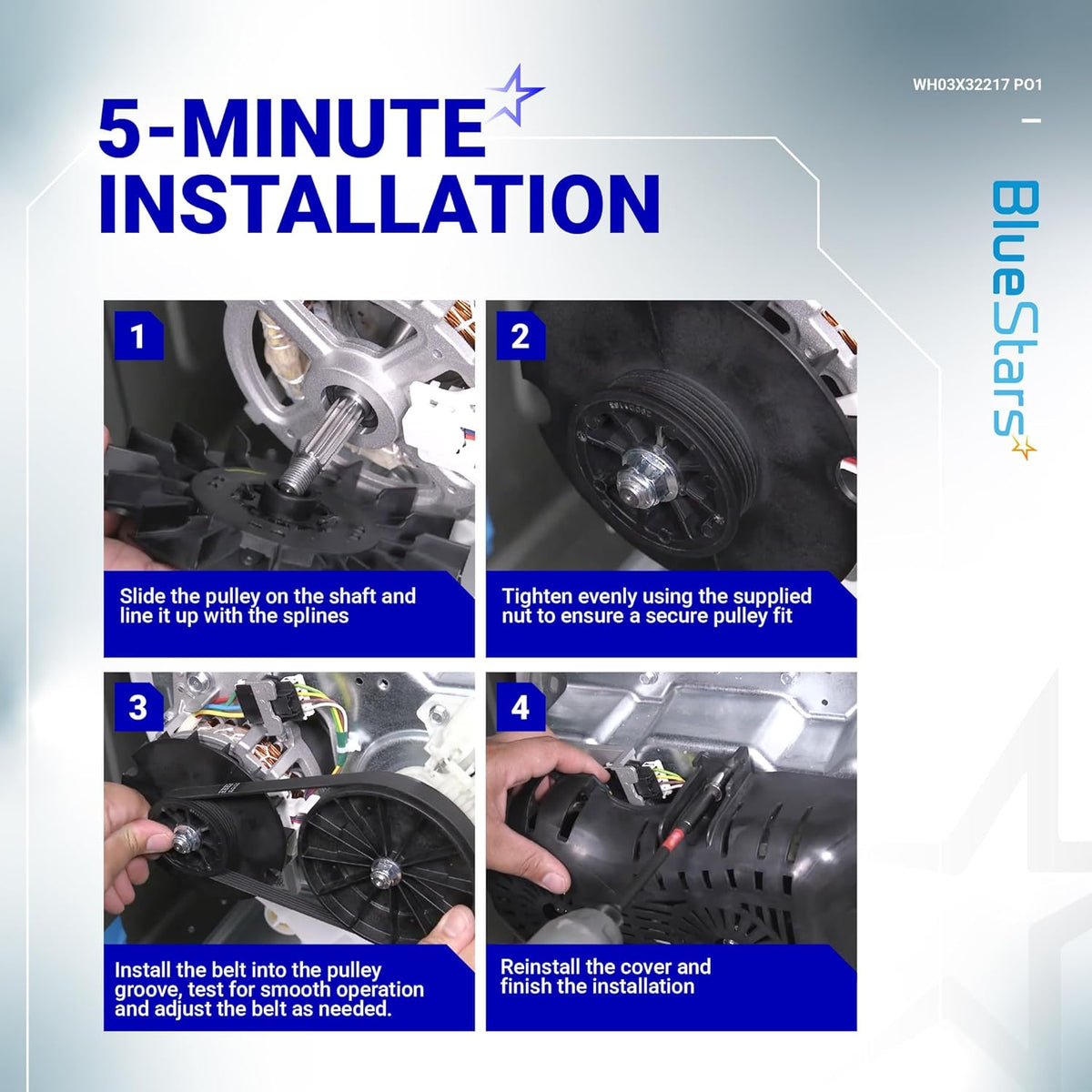 Four-step installation guide for WH03X32217 washer motor pulley and nut set on a GE washing machine.