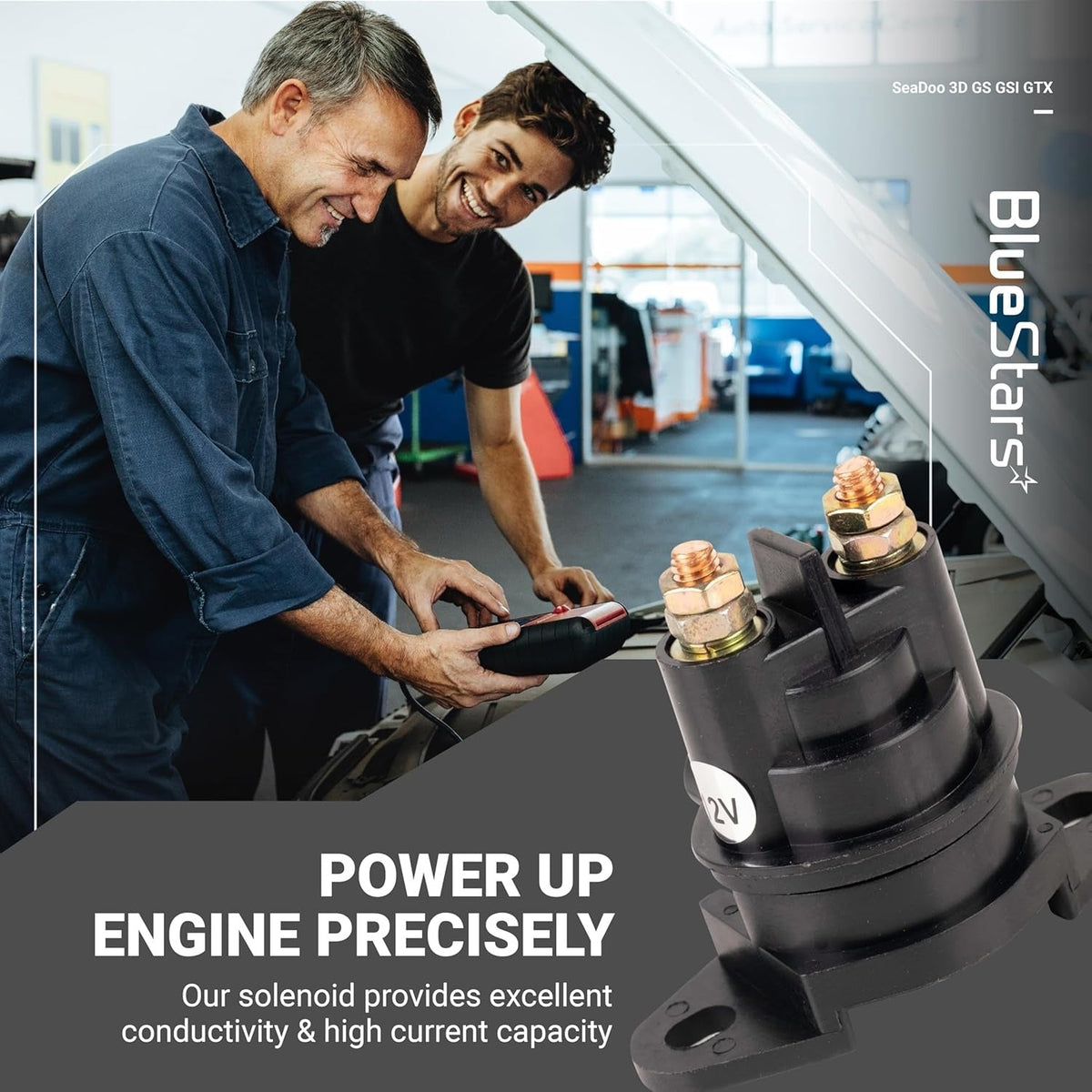 12V starter solenoid relay for SeaDoo personal watercraft shown in a promotional graphic.
