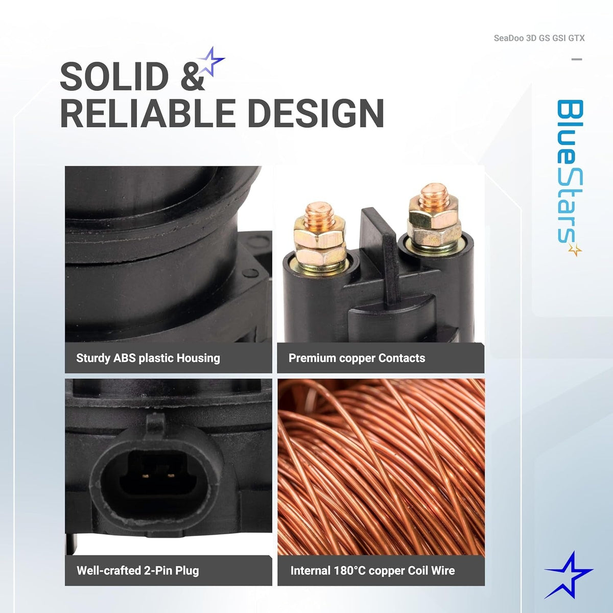 Close-up infographic showing construction details of a 12V starter solenoid relay for SeaDoo, including copper contacts.