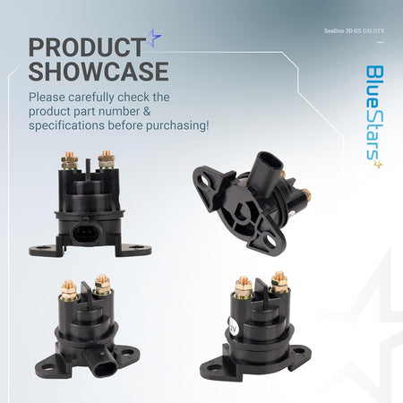 Multiple angles of a 12V starter solenoid relay for SeaDoo personal watercraft.