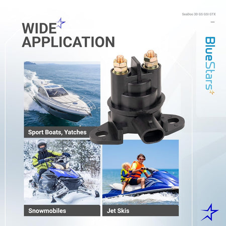 12V starter solenoid relay for SeaDoo with application examples for boats, snowmobiles, and jet skis.
