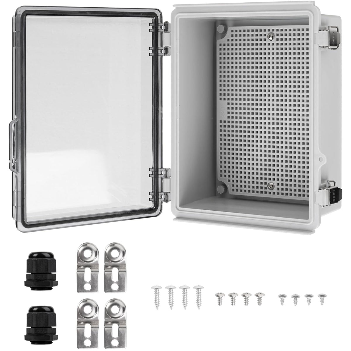 IP67 clear junction box with open lid, internal mounting plate, cable glands, and mounting hardware kit.