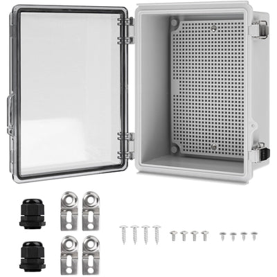 IP67 clear junction box with open lid, internal mounting plate, cable glands, and mounting hardware kit.