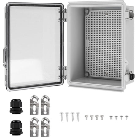 IP67 clear junction box with open lid, internal mounting plate, cable glands, and mounting hardware kit.