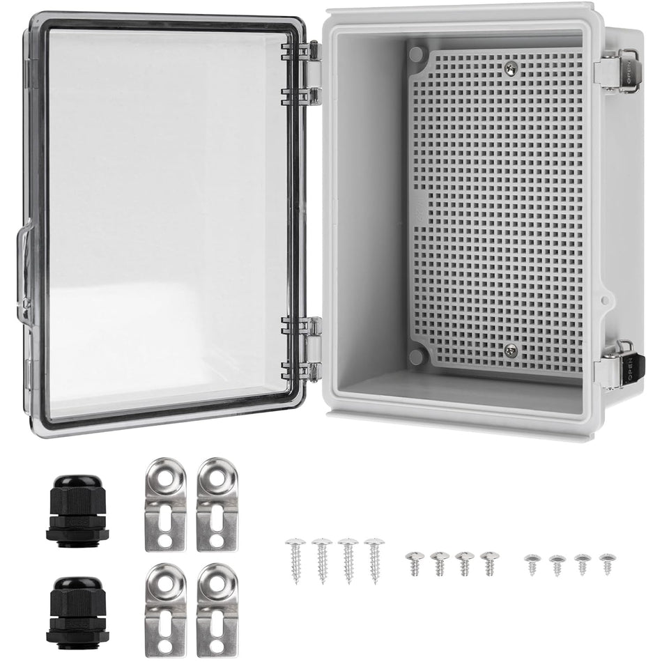 IP67 clear junction box with open lid, internal mounting plate, cable glands, and mounting hardware kit.
