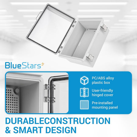 IP67 clear junction box with hinged cover and pre-installed mounting panel, showing durable PC/ABS alloy construction.