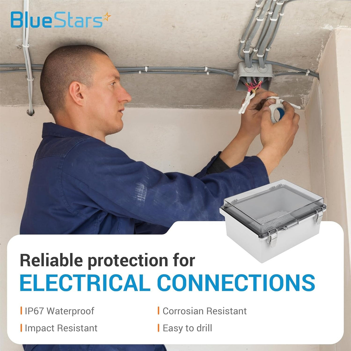 Electrician installing electrical connections with an IP67 clear junction box shown in the foreground.