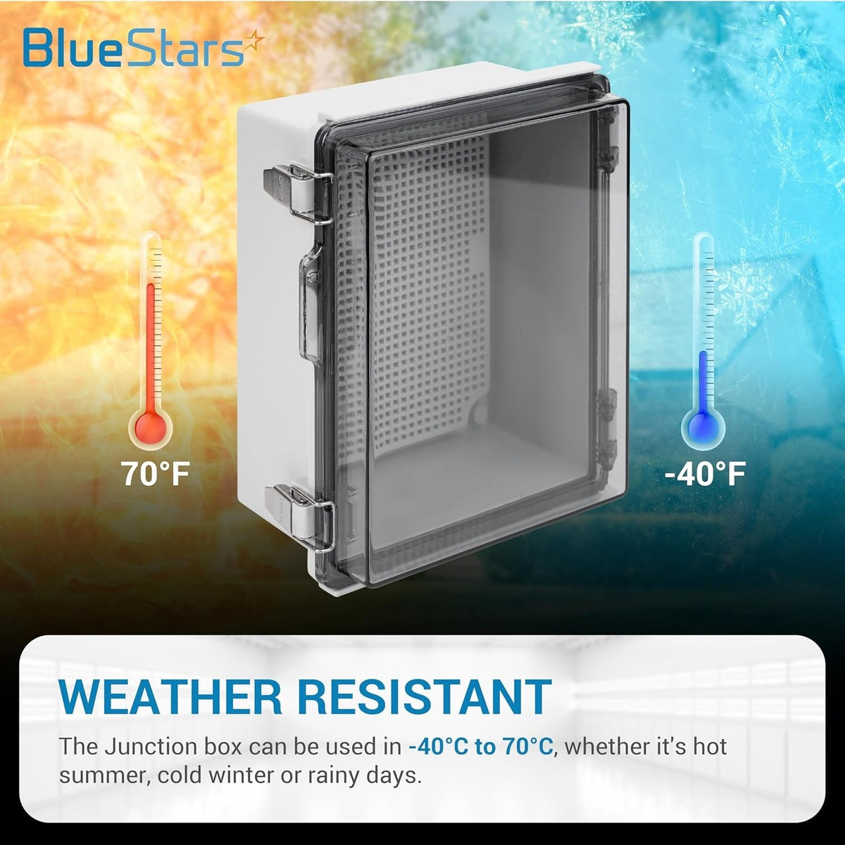Weather-resistant IP67 clear junction box showing temperature range from -40°F to 70°F.