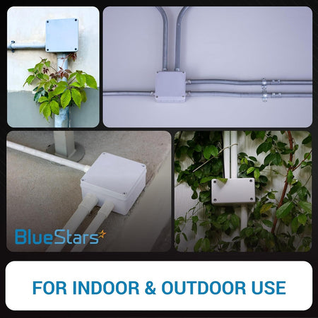 Collage of IP67 clear junction boxes installed in various indoor and outdoor electrical conduit applications.