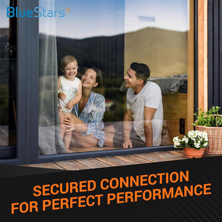 Lifestyle image for BlueStars IP67 clear junction box featuring a happy family near a window with secured connection text.
