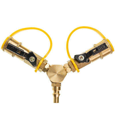 1/4 inch brass RV propane Y-splitter adapter with dual shutoff valves and yellow protective dust caps.