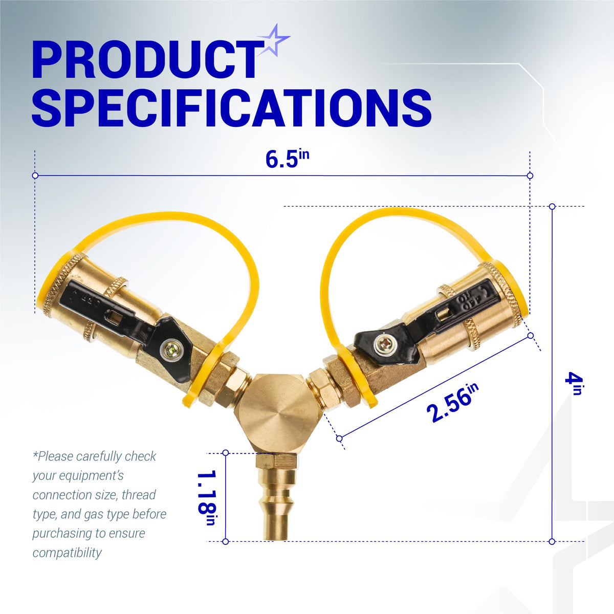 Dimensional diagram of 1/4 inch RV propane quick connect Y splitter adapter with shutoff valves.