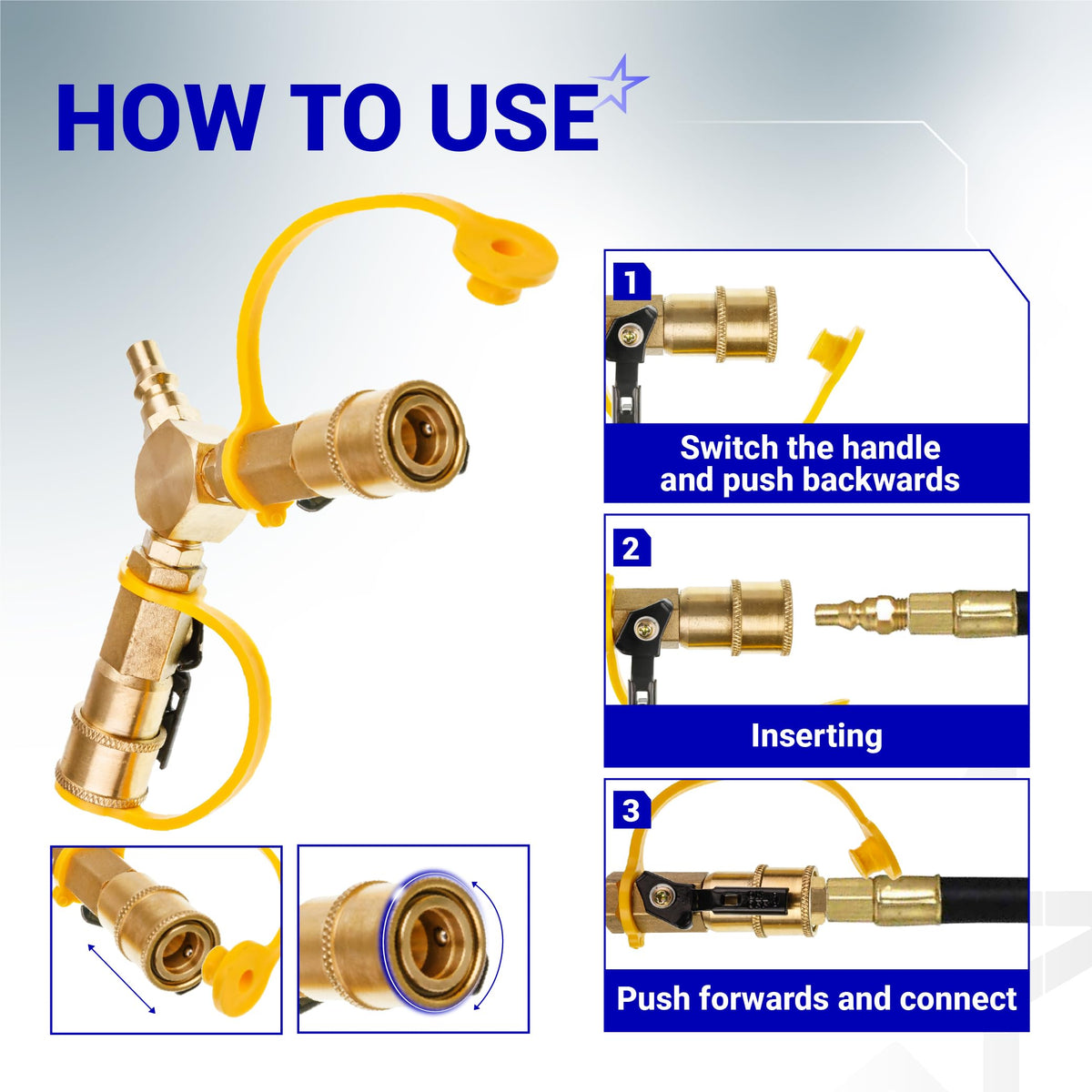 Instructional graphic showing how to connect the 1/4" RV propane quick connect Y splitter adapter.