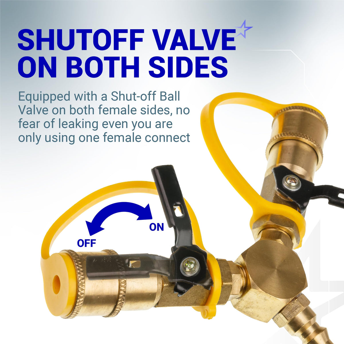 Close-up of 1/4" RV propane Y splitter adapter showing individual shutoff ball valves on both female ports.
