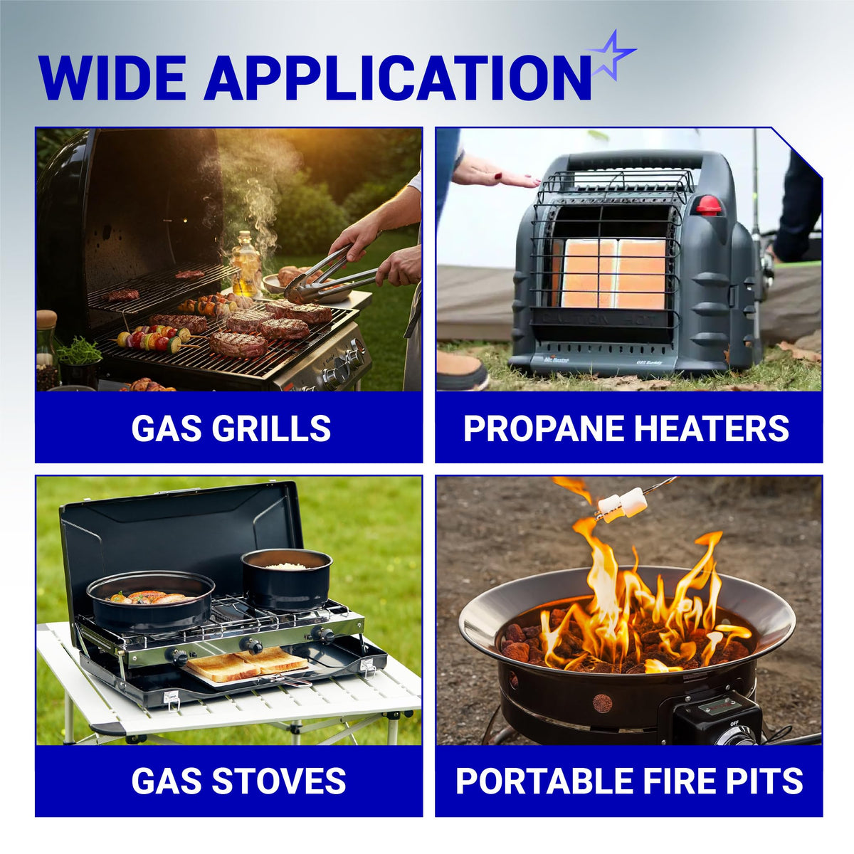 Collage showing RV propane quick connect adapter applications for gas grills, heaters, stoves, and portable fire pits.