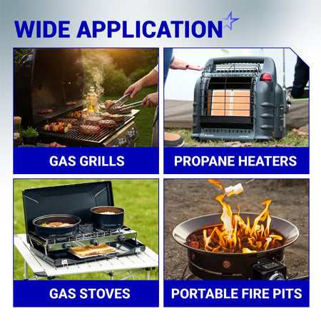 Collage showing RV propane quick connect adapter applications for gas grills, heaters, stoves, and portable fire pits.
