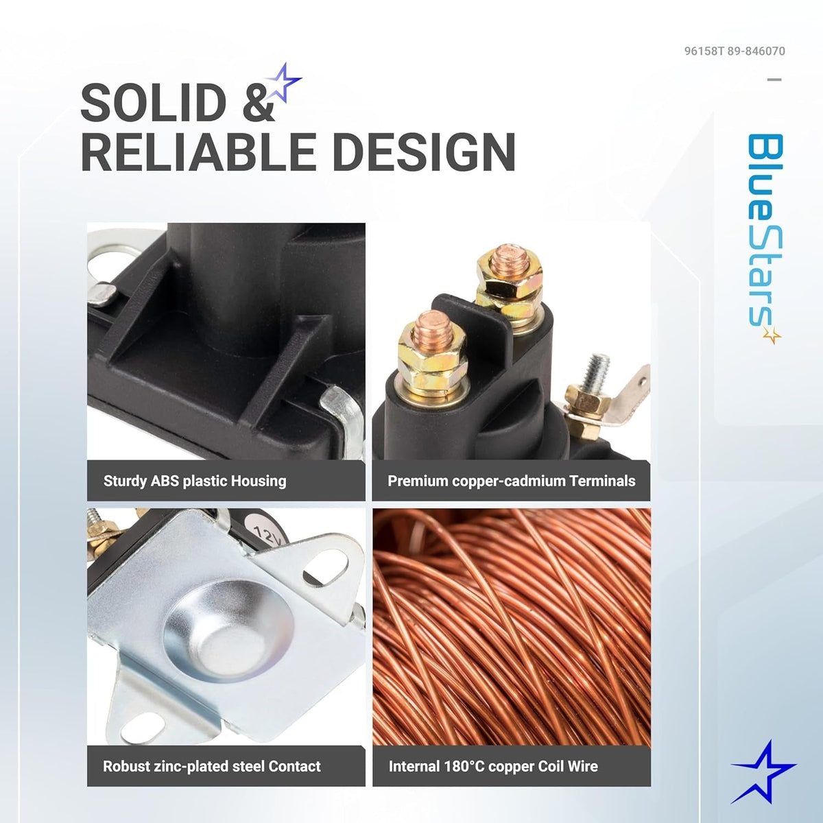 Infographic showing construction details of 89-96158T power trim solenoid switch components.