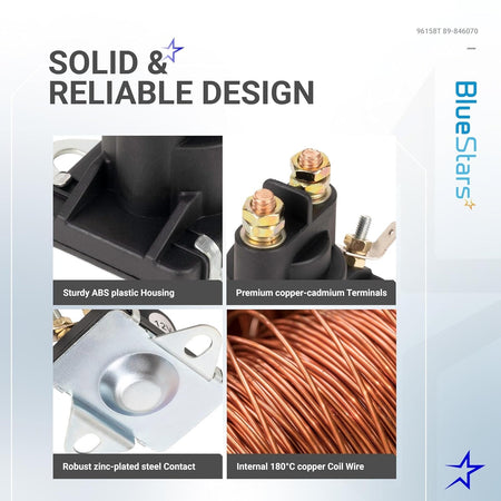 Infographic showing construction details of 89-96158T power trim solenoid switch components.