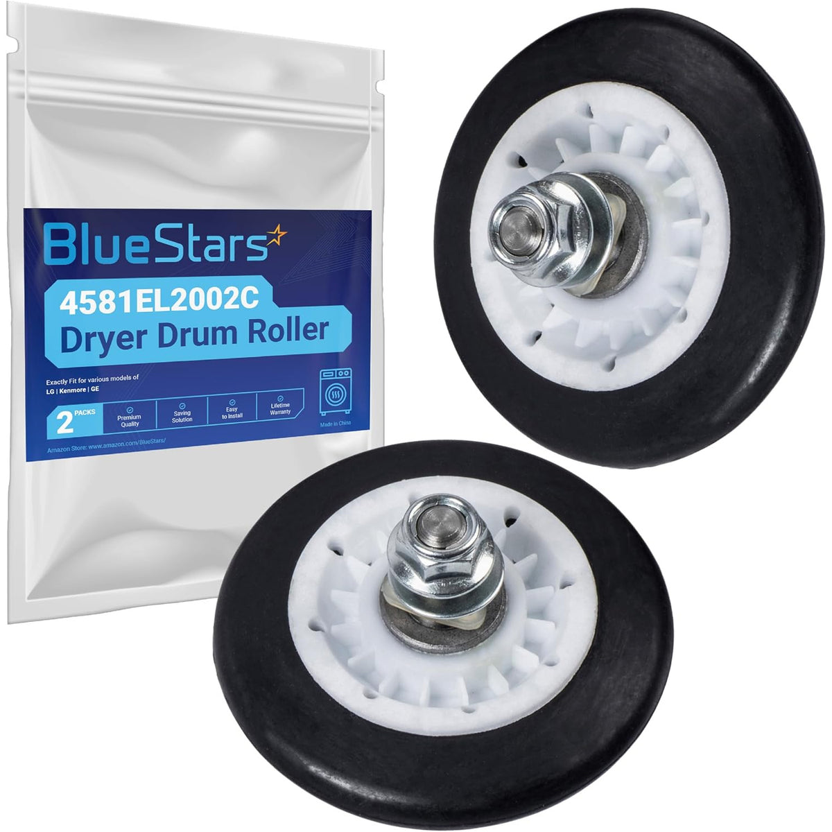 4581EL2002C Dryer Drum Roller Assembly, two rollers shown with BlueStars packaging
