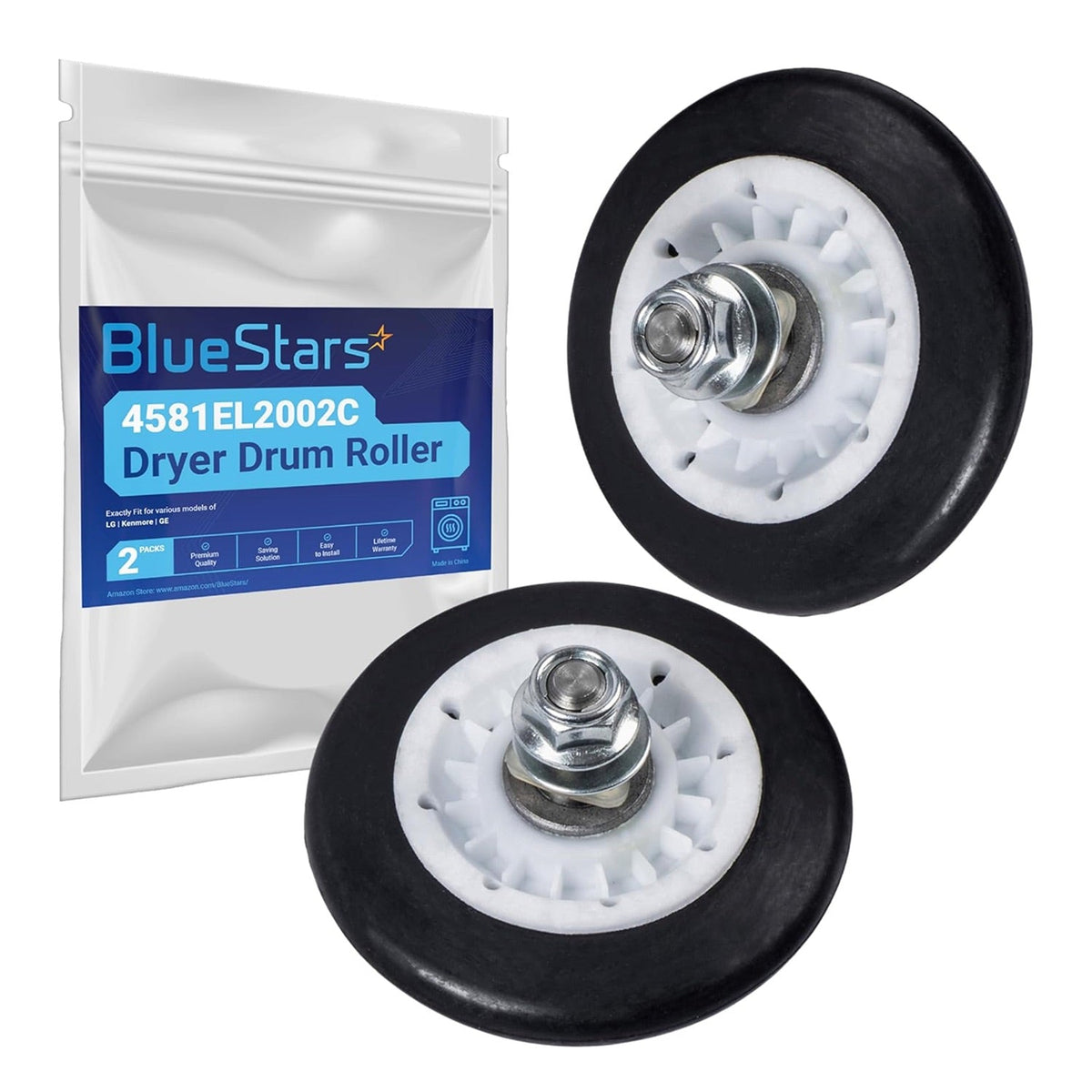 Two 4581EL2002C dryer drum rollers with hardware and BlueStars branded packaging.