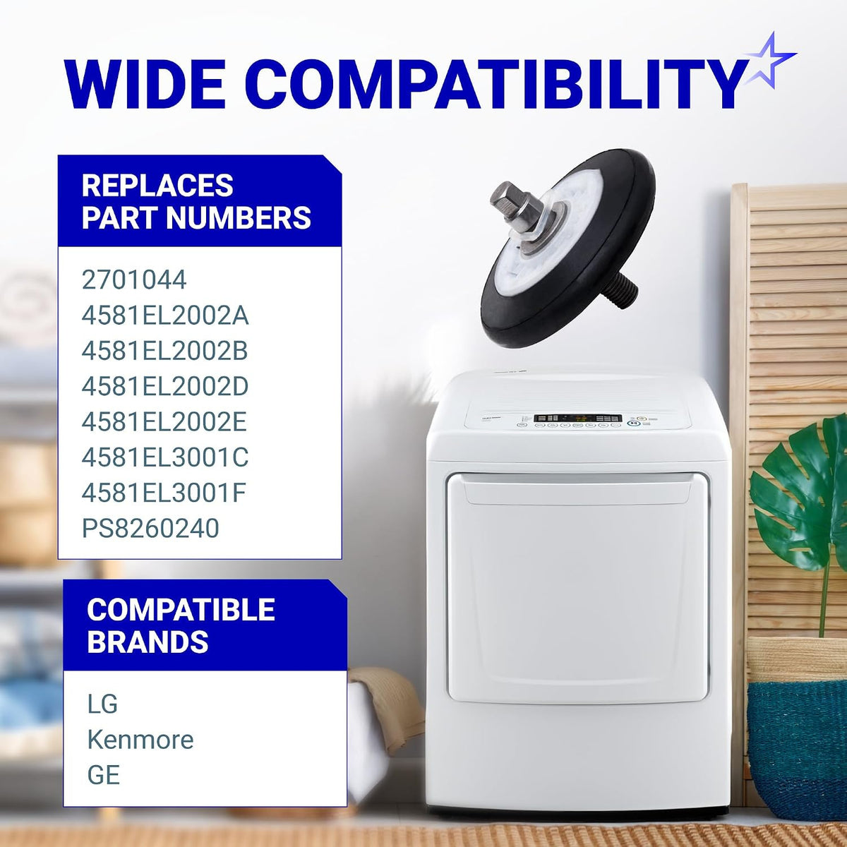 4581EL2002C Dryer Drum Roller Assembly graphic showing roller, dryer, replacement numbers, and compatible brands