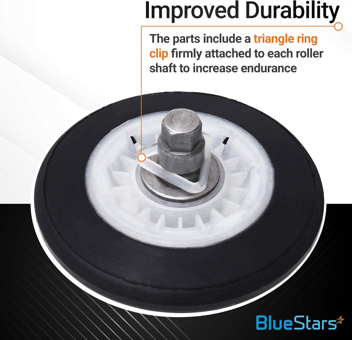 Close-up of LG dryer drum roller with triangle ring clip on the shaft for improved durability.