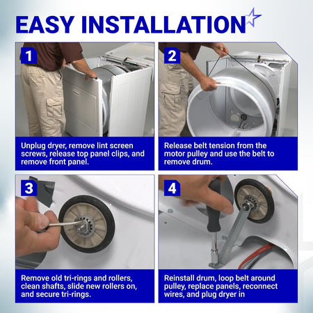 4581EL2002C Dryer Drum Roller Assembly, installation guide showing dryer disassembly, roller removal, and replacement.