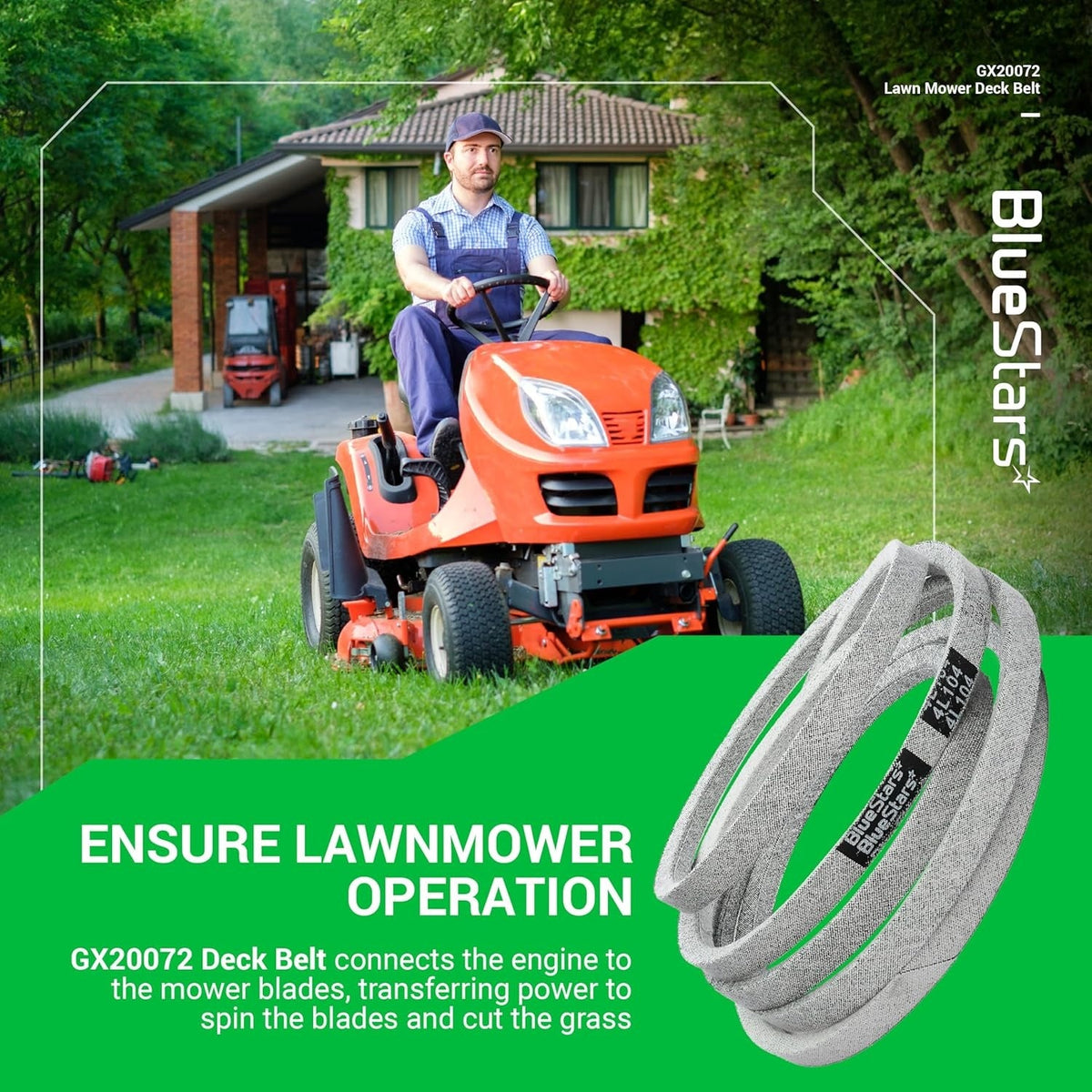 GX20072 lawn mower deck belt shown in a promotional graphic with a riding mower in a residential yard.