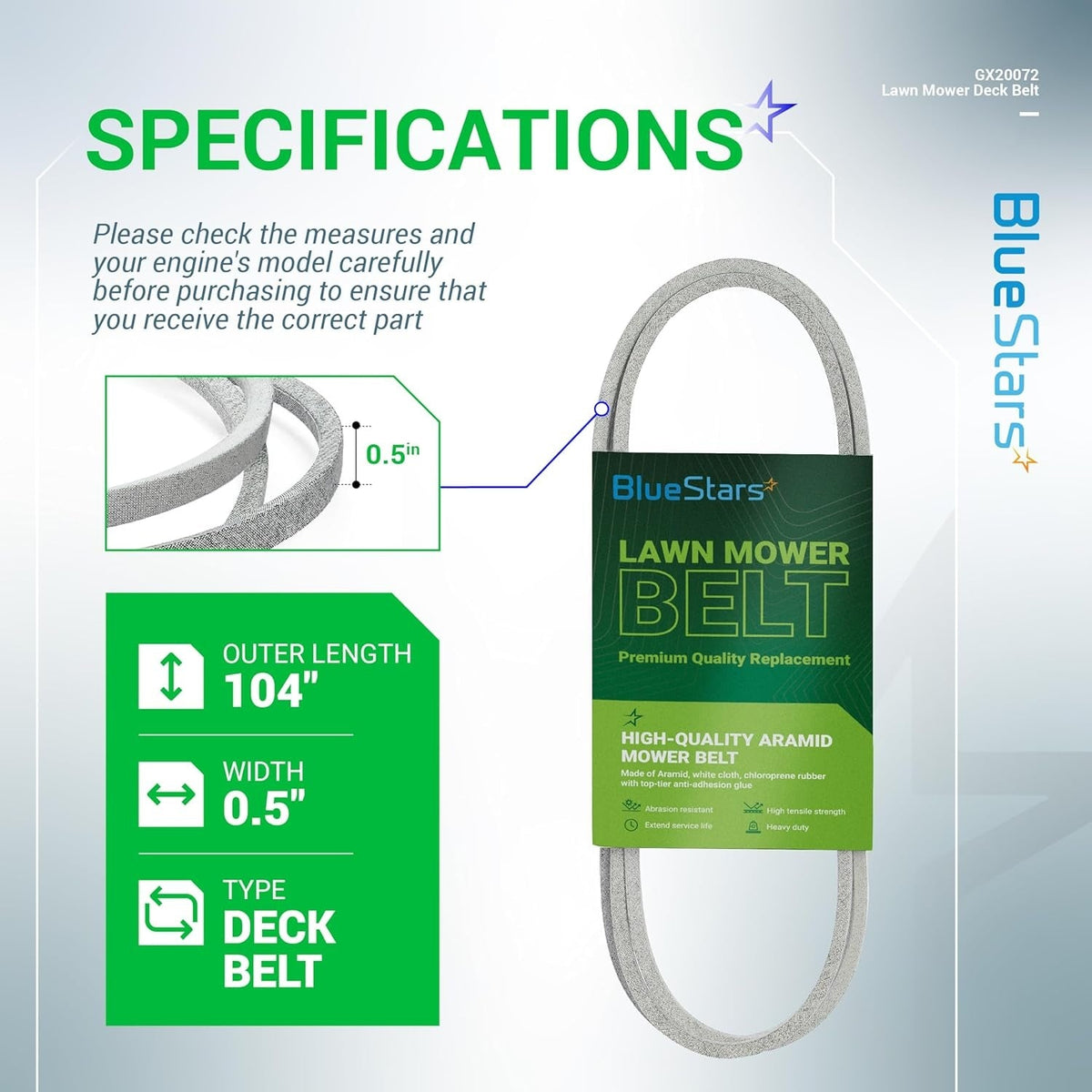 GX20072 lawn mower deck belt specifications chart showing 1/2 inch width and 104 inch length dimensions.