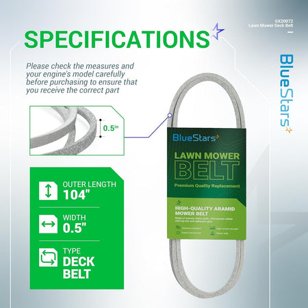 GX20072 lawn mower deck belt specifications chart showing 1/2 inch width and 104 inch length dimensions.