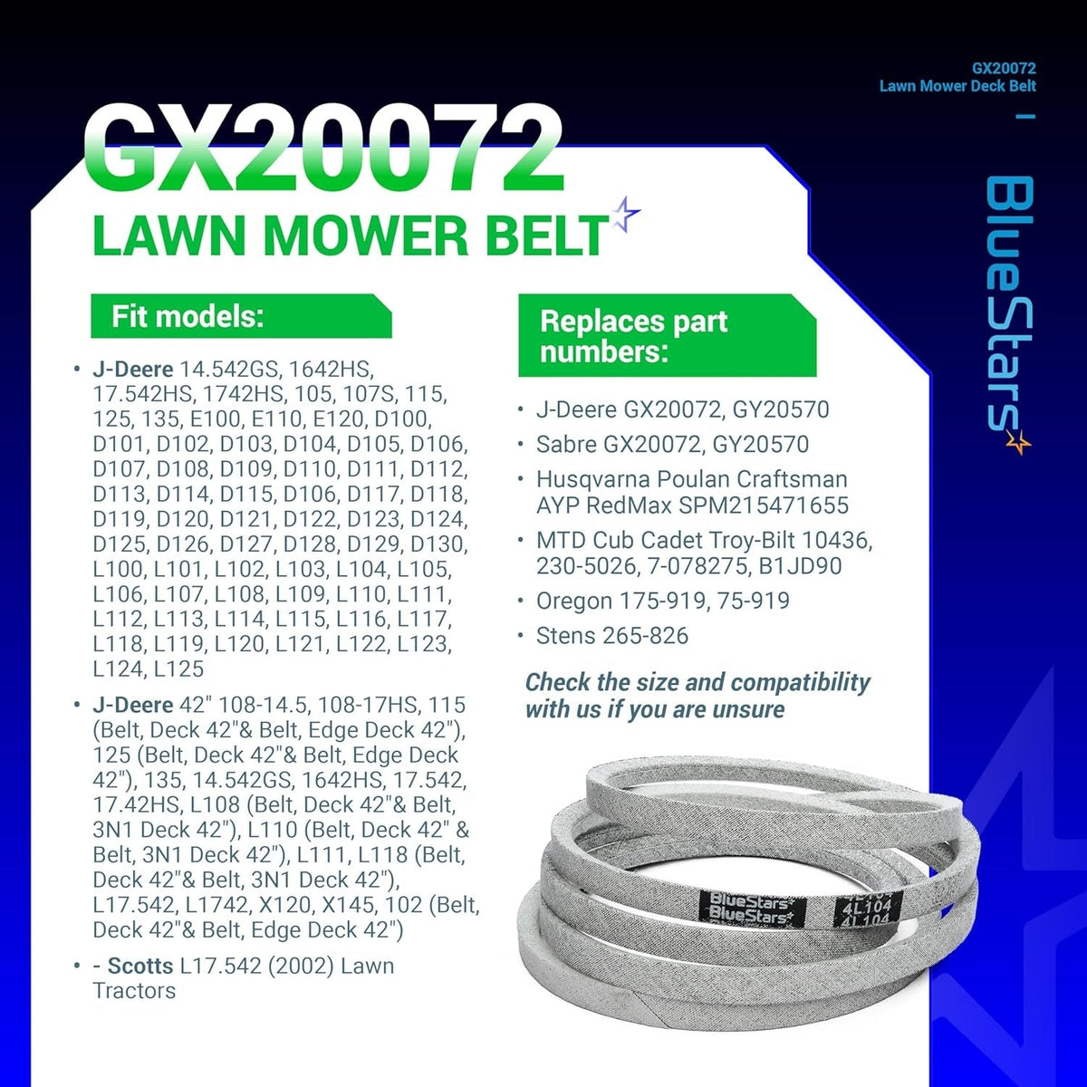 GX20072 lawn mower deck belt compatibility and replacement part information chart with product image.