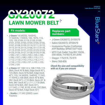 GX20072 lawn mower deck belt compatibility and replacement part information chart with product image.