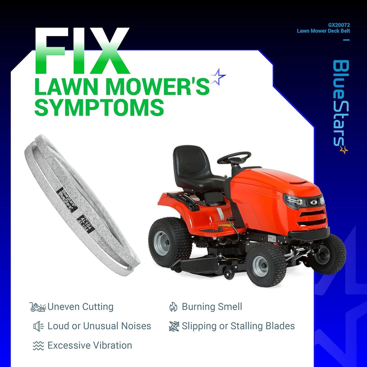 GX20072 lawn mower deck belt replacement for John Deere, shown with a riding mower and common repair symptoms.
