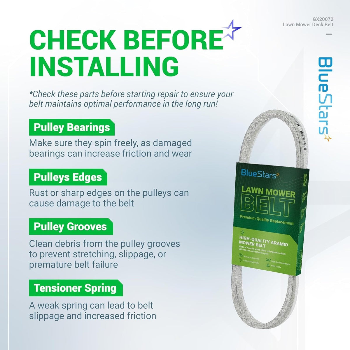 GX20072 lawn mower deck belt installation checklist infographic showing belt maintenance tips for pulleys and springs.