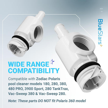 Two D29 Universal Wall Fitting quick disconnects for Zodiac Polaris pool cleaners shown with compatibility text.