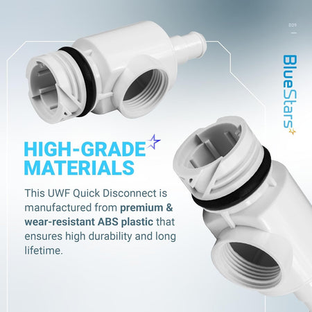 D29 UWF Universal Wall Fitting Quick Disconnect showing high-grade ABS plastic construction from multiple angles.