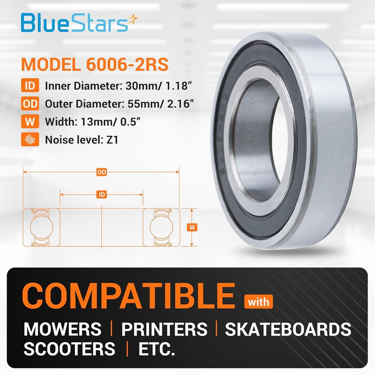 6006-2RS double rubber seal bearing with technical dimension diagram and compatibility list.