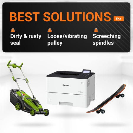 Infographic showing 6006-2RS double rubber seal bearing applications for lawnmowers, printers, and skateboards.
