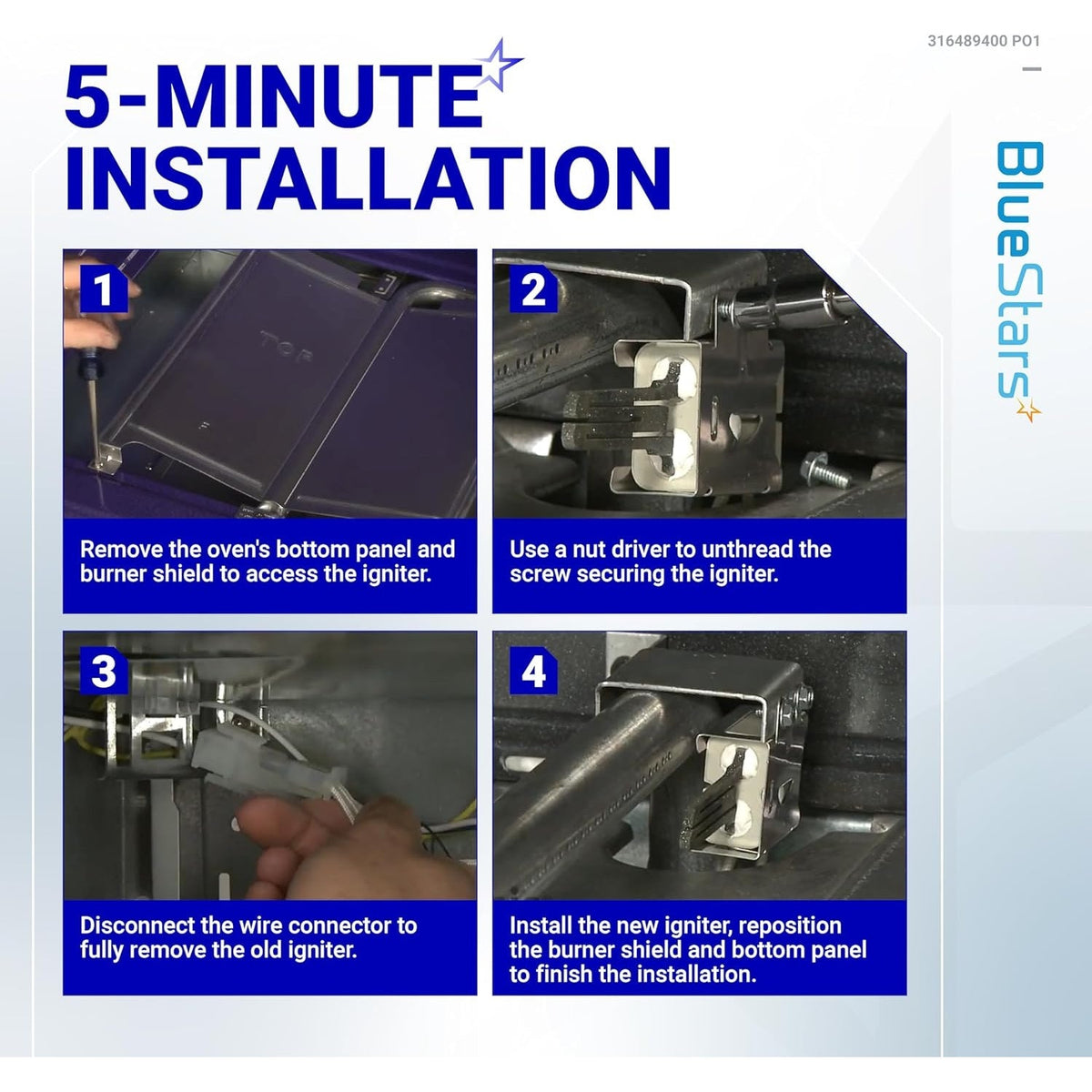 Four-step installation guide for 316489400 range oven igniter showing removal and replacement process.