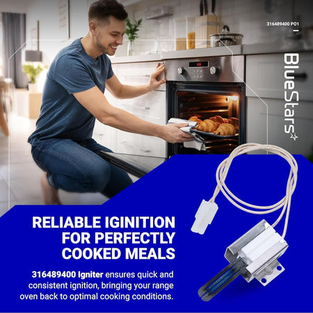 316489400 range oven igniter replacement part shown with a man baking in a kitchen.