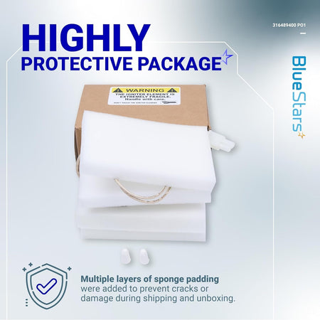 Protective packaging for 316489400 range oven igniter with sponge padding and warning label.