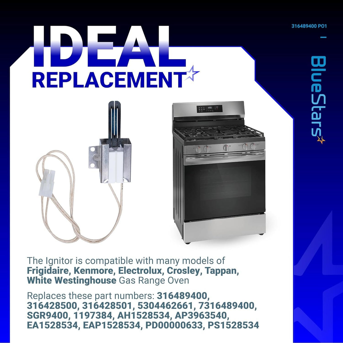 316489400 range oven igniter replacement part shown with a compatible gas range oven.