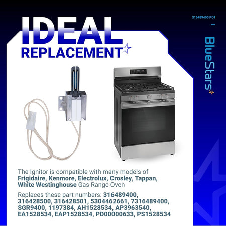 316489400 range oven igniter replacement part shown with a compatible gas range oven.