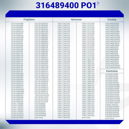Compatibility chart for 316489400 range oven igniter listing compatible Frigidaire, Kenmore, Crosley, and Electrolux models.