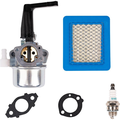 Replacement carburetor kit with air filter, mounting gaskets, and spark plug for 5HP-6HP tiller and generator engines.