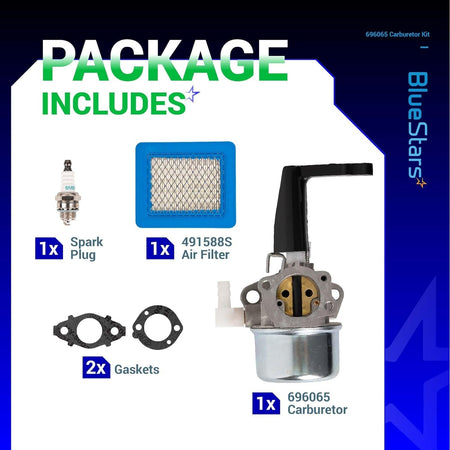 696065 carburetor kit including spark plug, 491588S air filter, and two mounting gaskets for tiller engines.